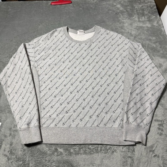 Champion Tops - Champion‎ Reverse Weave Womens Size Large Gray Allover Print Logo Crewneck